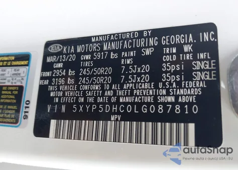 2020 Kia Telluride Sx z USA, uszkodzony, nr VIN 5XYP5DHC0LG087810